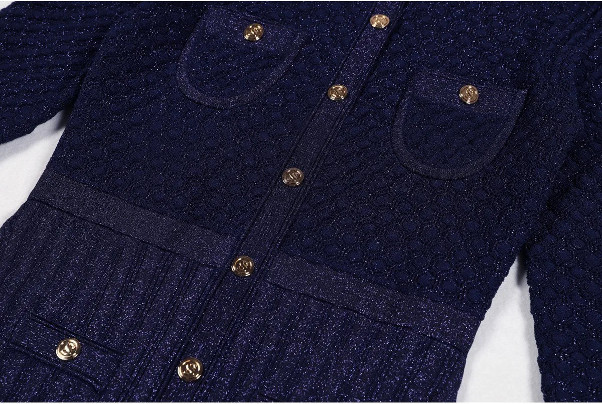 High Quality Fashionable Elastic Bright Silk Knitted Round Neck 7-inch Sleeve Single Row Button Lace Slim Fit Women's Dress