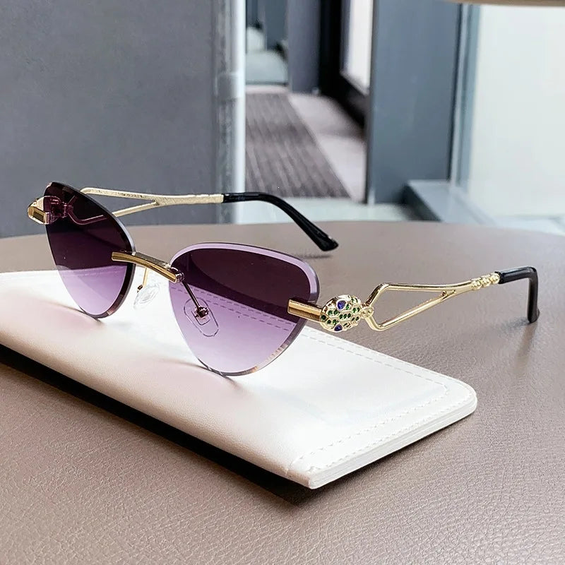 Rimless Cut Edge Cat Eye Sunglasses Gem Inlay Hollow Metal Temple UV400 Gradient Lens Shades for Women Daily Outdoor Sun Glasses