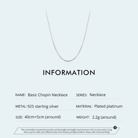 925 Sterling Silver Basic Chopin Necklace Simple Style Chain Link for Women Platinum Plated Fine Jewelry SCA019