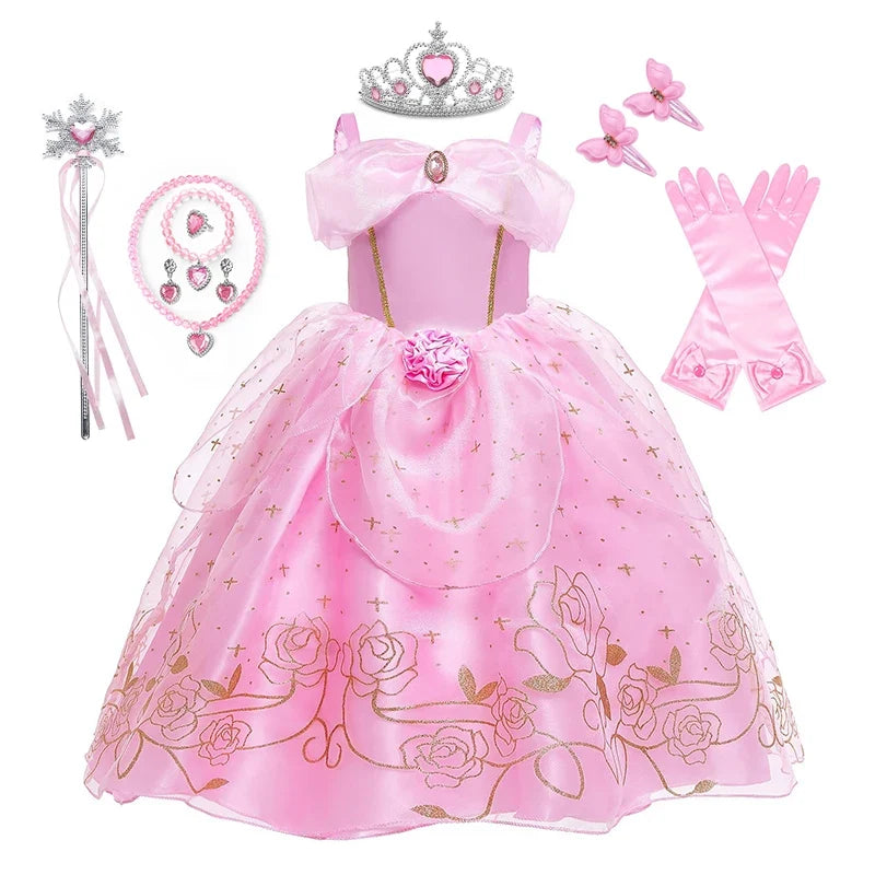 Sleeping Beauty Aurora Princess Dress Cosplay Off Shoulder Kids Gifts Fancy Halloween Party Girl Baby Lace Dress Set