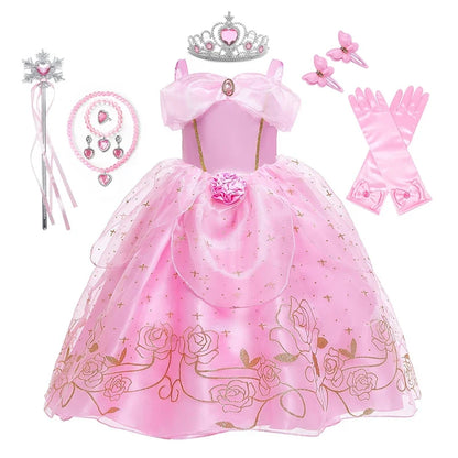 Sleeping Beauty Aurora Princess Dress Cosplay Off Shoulder Kids Gifts Fancy Halloween Party Girl Baby Lace Dress Set