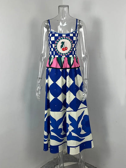 Fashion Women Print Suspenders Blue Ocean Fish Pattern Sexy Long Dress 2025 New Spring Summer Temperament Maxi Dresses
