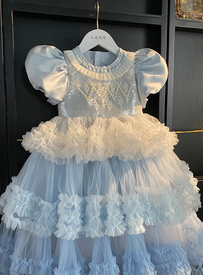 Sweet Little Girls Spring and Summer New Heavy Princess Gown Childrens Puff Sleeve Pearl Sequined Mesh Birthday Party Cake Dress