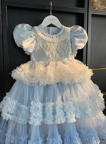 Sweet Little Girls Spring and Summer New Heavy Princess Gown Childrens Puff Sleeve Pearl Sequined Mesh Birthday Party Cake Dress