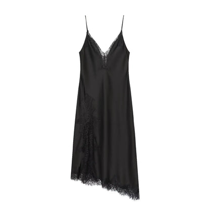 Women Fashion Lace Splicing Satin Texture Long Dress Sexy Backless Sleeveless Dresses Summer Lady Trend Party Evening Dress