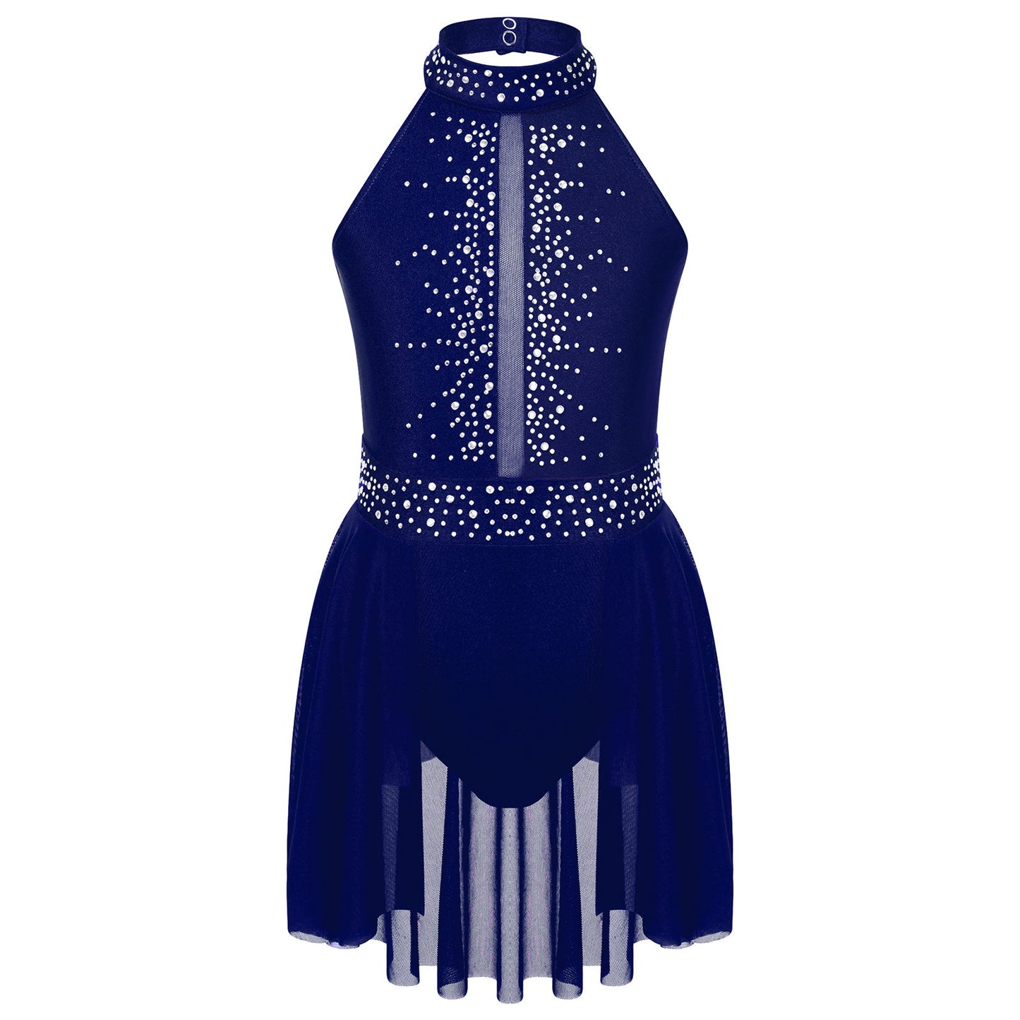 Kids Girls Gymnastics Figure Skating Ballet Lyrical Dance Costume Dress Side Split Sheer Mesh Ruched Glittery Rhinestones Dress