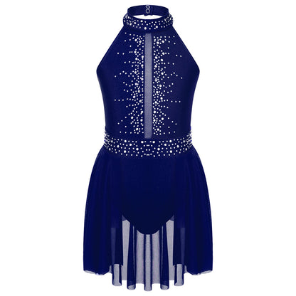 Kids Girls Gymnastics Figure Skating Ballet Lyrical Dance Costume Dress Side Split Sheer Mesh Ruched Glittery Rhinestones Dress