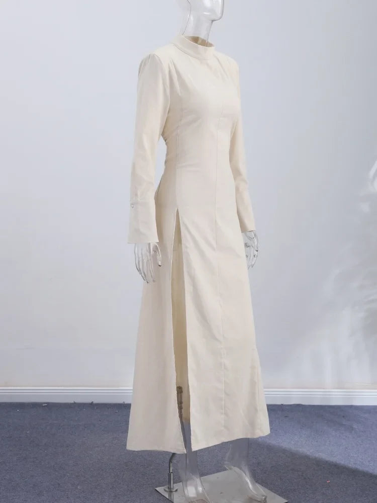 Women's Elegant High Neck Long Sleeve Maxi Dress With Side Slit Shoulder Pad Slim Fit Floor Length Tunic Top Versatile Clothing