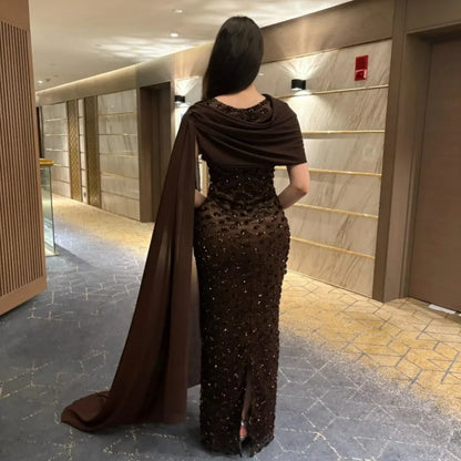 Customized Chocolate Brown One Shoulder Prom Dress Sequin Beaded Draped Cape robes de soirée Luxury Party Dresses 2025