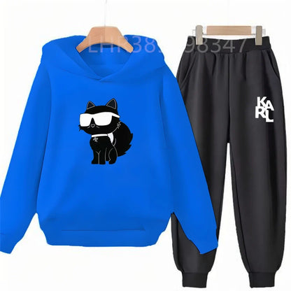 White Cat Black Cat Children's Hoodies Top+Bottom Suit Girls Pink Boy Black Age 3-12 Coat Casual Toddler Long Sleeves Clothing