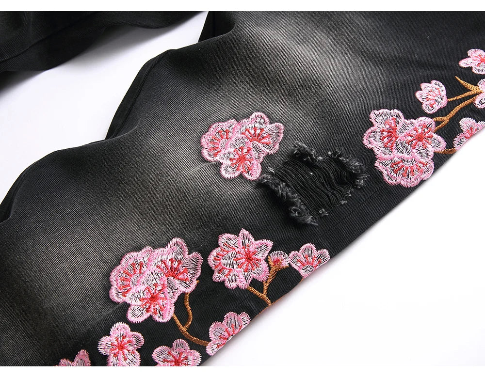 Men Sakura Embroidery Denim Jeans Streetwear Boot Cut Pants Released Hem Flared Trousers with Ripped And Cherry Blossom Design