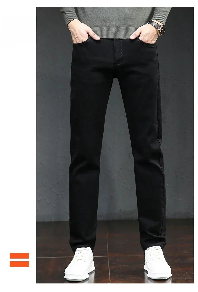 Winter Thickened Warm Male Plush Trousers Brand Clothes Men's Fleece Jeans Straight Slim Stretch Fashion Business Denim Pants