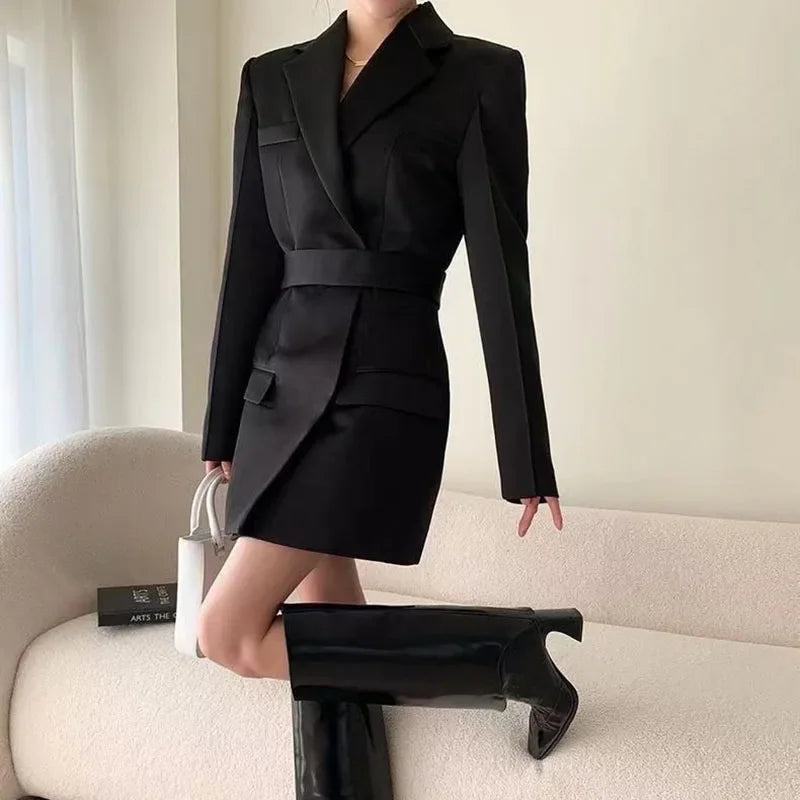 Autumn New High End Waist Slim Blazer Jacket Women Casual British Mid Length Black Suit Coat Woman Elegant Chic Office Blazers