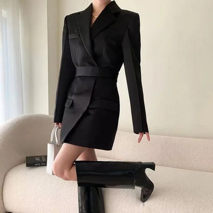 Autumn New High End Waist Slim Blazer Jacket Women Casual British Mid Length Black Suit Coat Woman Elegant Chic Office Blazers