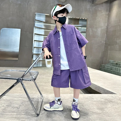 Kids New Summer Purple Suit for Boys Short Sleeve Shirt + Shorts 2 Pieces Clothes Set Children Loose Style Outfit Clothing Set