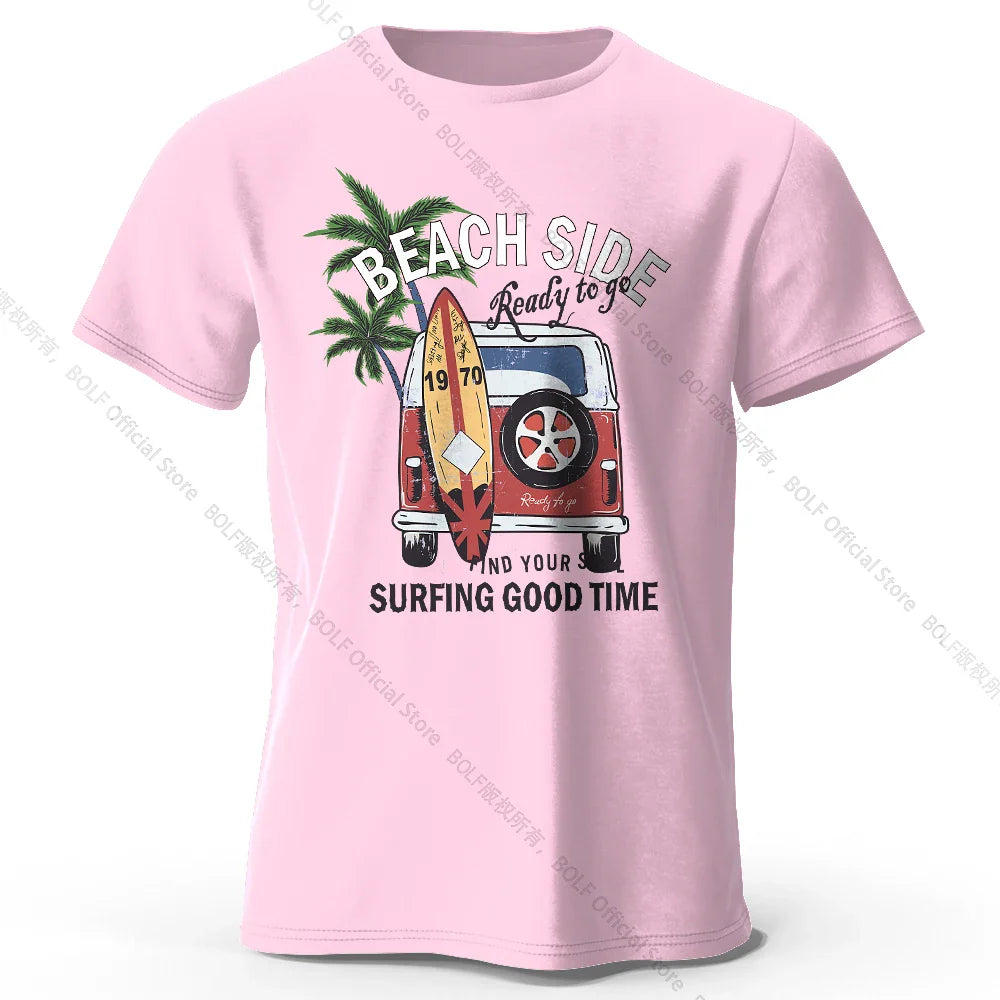 Vintage Surf Badge Printed Unisex Men Women T-Shirt Tees Tops 100% Cotton Retro Wave Graphic Beach Club Wear