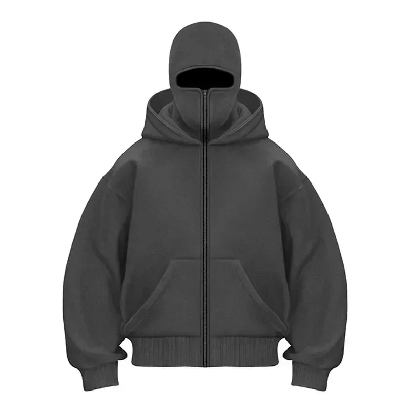 Balaclava Men Zip Hoodie Winter Warm Casual Sweatshirt Y2K with Hooded Face Mask Zipper Design Sports Jacket Outdoor Activities