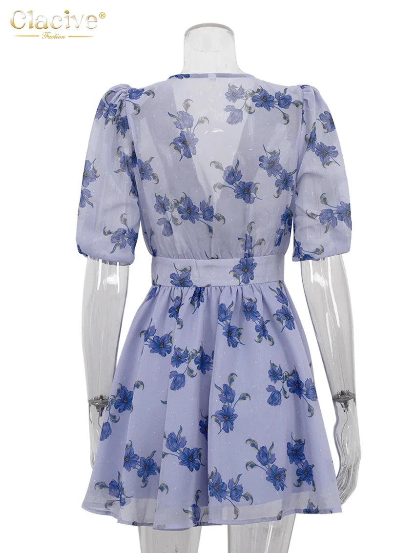 Fashion Loose Print Women Dress 2025 Sexy Deep V-Neck Short Sleeve Mini Dresses Elegant Classic High Waist Female Dress