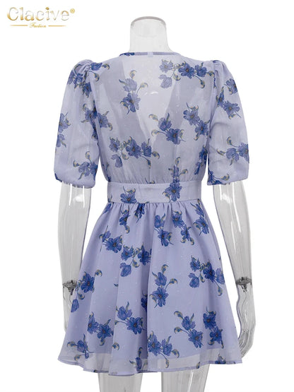 Fashion Loose Print Women Dress 2025 Sexy Deep V-Neck Short Sleeve Mini Dresses Elegant Classic High Waist Female Dress