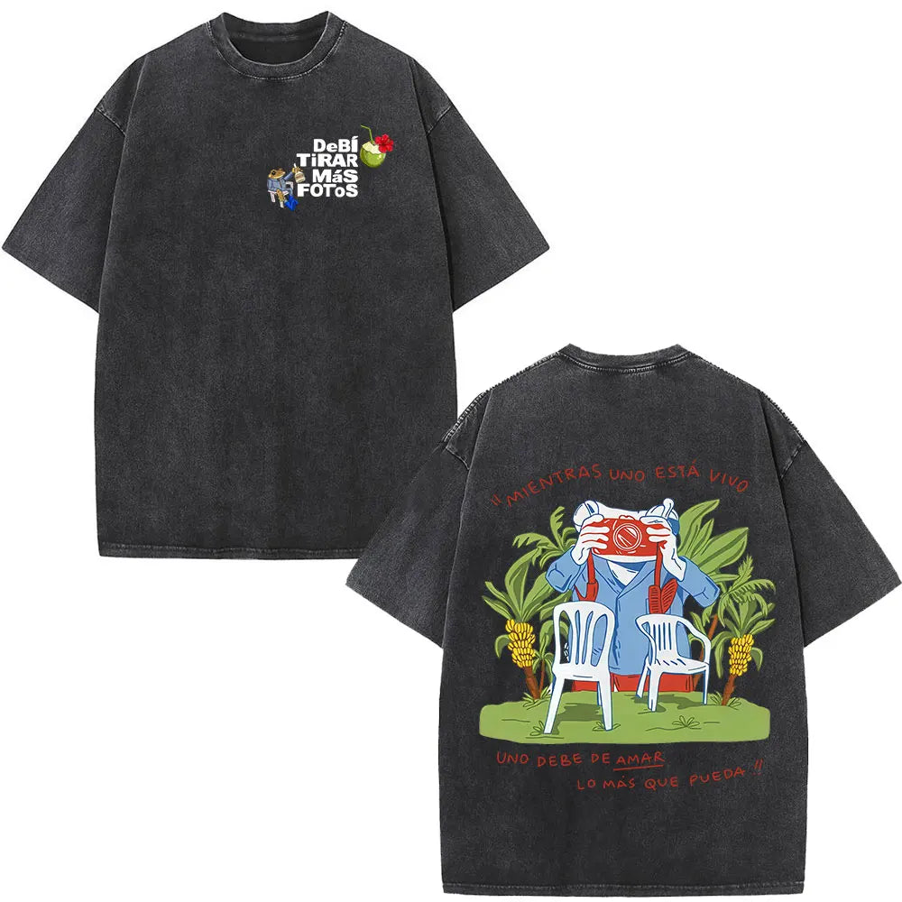 Rapper Bad Bunny Washed Vintage T-shirt Debi Tirar Mas Fotos DTMF World Tour T Shirts Men's Fashion Hip Hop T-shirts Streetwear