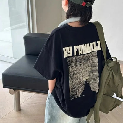 Black Graffiti Letters Pure Cotton Short Sleeve T-Shirt for Tween Boys Loose Fit Summer Youthful Wear Kids Outerwear Clothing