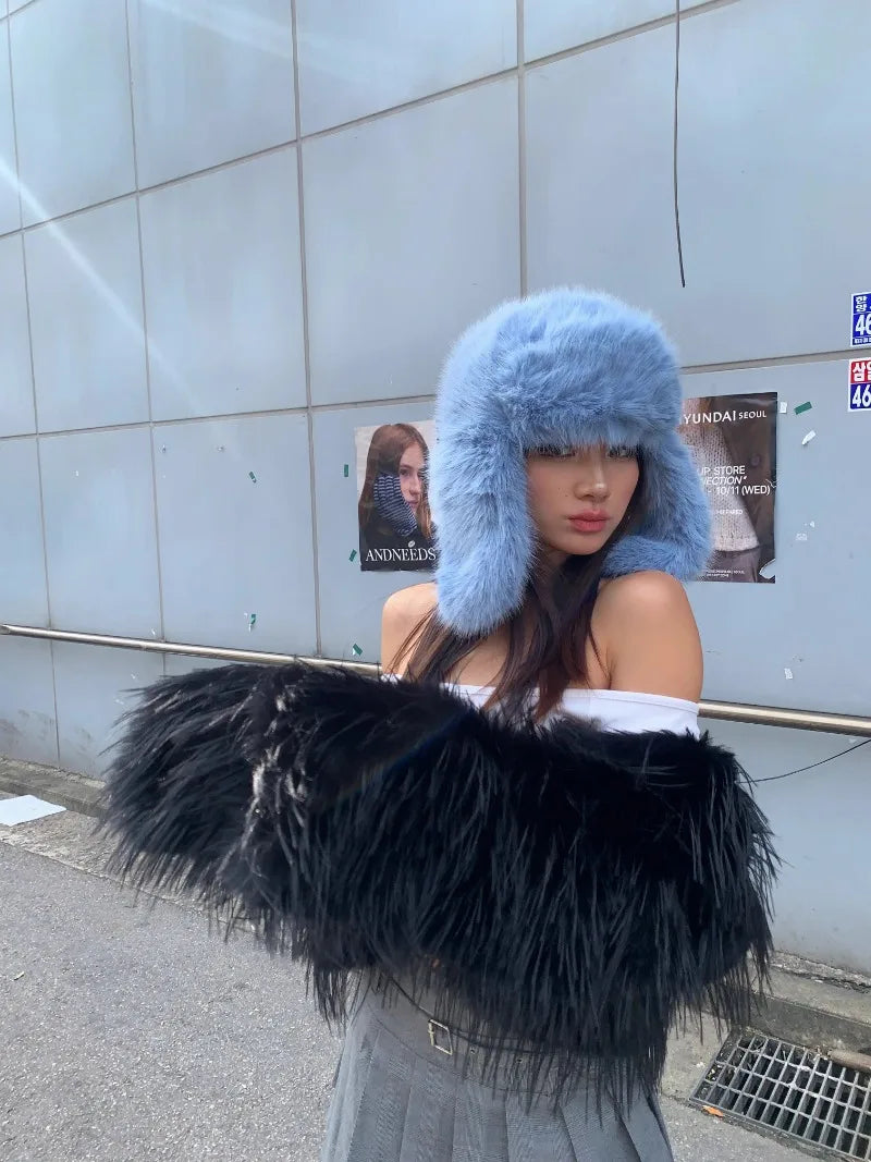 Korean Ins Imitation Mink Plush Hat Winter Women Ear Protection Bomber Hats Fashion Warm Fluffy Faux Fur Ski Beanies Y2k Gift