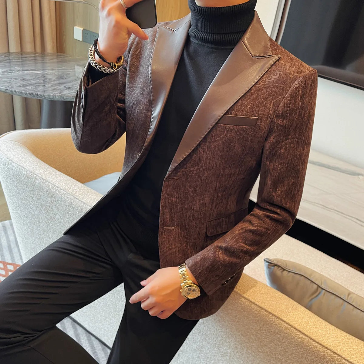 2025 Fashion Leather Neck Spliced Suit Jacket Luxury Men's Business Slim Fit Social Formal Blazers Coats Wedding Groom Tuxedos