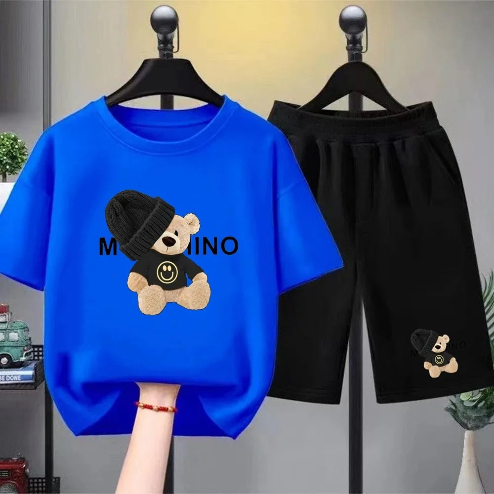 Children's Fashion Summer Clothes Set Loose Fit Cotton Tee + Elastic Waist Shorts for Boys Girls Outdoor Wear