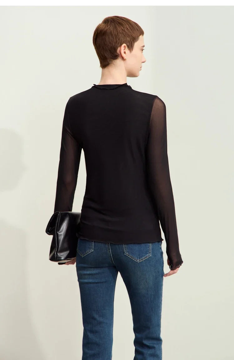 Minimalism Mesh T-shirts For Women 2025 Autumn New Office Lady Half-high Neck Micro Perspective Slim Retro Shirt 12423055