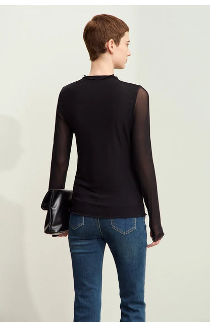 Minimalism Mesh T-shirts For Women 2025 Autumn New Office Lady Half-high Neck Micro Perspective Slim Retro Shirt 12423055