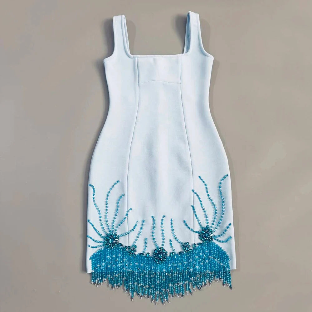 Women Sexy Sleeveless Bandage Dress Fashion Beading Tassel Clothes Club Party Bodycon Dresses