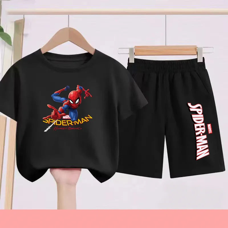 2026 Children's Sports Outfit with Spider Pattern Cartoon Print - T-shirt + Shorts Set, Suitable for Children Aged 3 To 13.