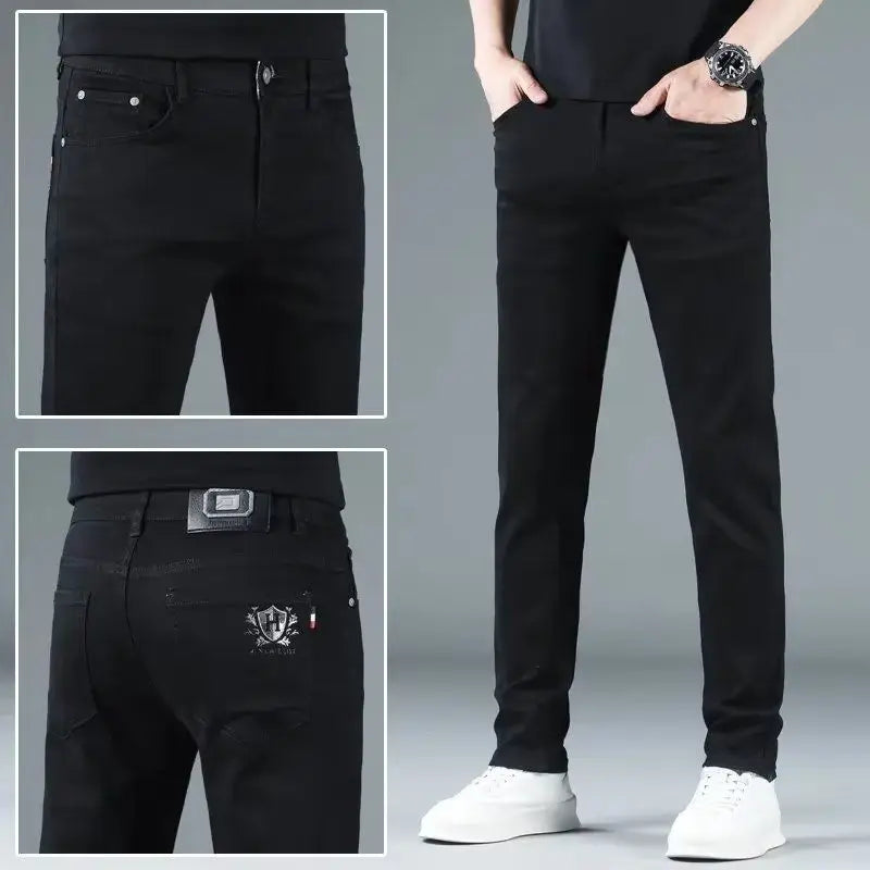 Korean Man Designer Clothes 2025 White Jeans Men Spring Autumn Printed Students Slim Stretch Pencil Pants Workwear Long Trousers