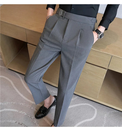 2026 Texture Naples Men's Solid Color Casual Pants Fashion Belt Design Slim Fit Suit Pants Formal Wear Wedding Social Trousers