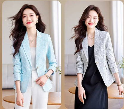Women Blazer Office Lady 2024 Elegant Slim Notched Women Blazers Jackets Button Long Sleeve Decorative Pattern Female Suit Coat