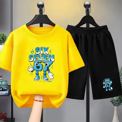 67 Children T-shirt 3-12Yrs Summer Six Seven Print Short-sleeved Cute Funny Fashion Boys Girls Toddler Top+Shorts 2PCasual Set