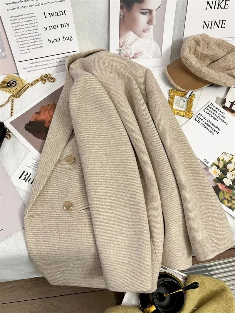 Fashion Woolen Suit Jacket Women's Vintage Blazers Double-breasted Office Coat Female Casual Outerwear Spring Autumn Streetwear