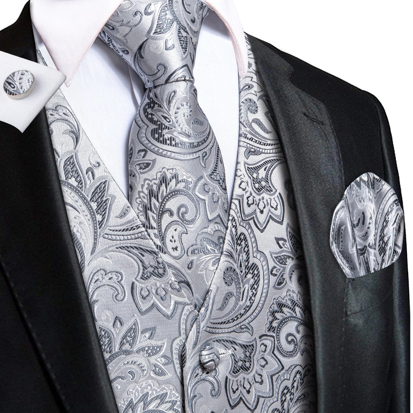 Elegant Purple Silk Mens Vests Tie Fashion Paisley Jacquard Sleeveless Jacket 4PC Hanky Cufflink Paisley Suit Waistcoats Wedding