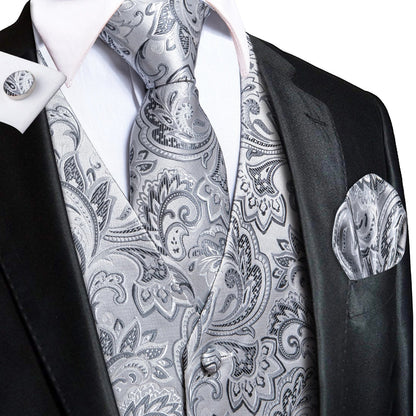 Elegant Purple Silk Mens Vests Tie Fashion Paisley Jacquard Sleeveless Jacket 4PC Hanky Cufflink Paisley Suit Waistcoats Wedding