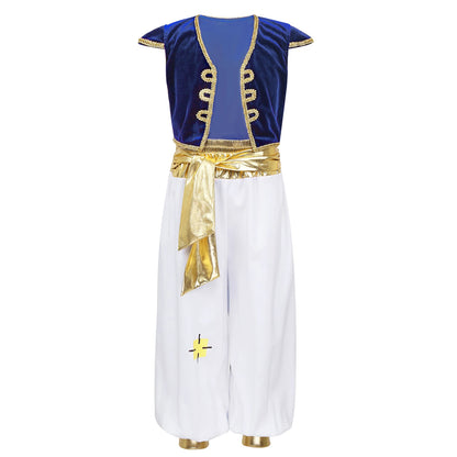 Boys Mythical Prince Arabian Carnival Cosplay Outfit Halloween Party Arabian Prince Role Play Waistcoat Vest Top+Belted Pants