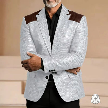 Men's Blazer Crocodile Embossed Leather Suit Jacket Shoulder Patch Notch Lapel Two Button Sport Coat Business Casual Flap Pocket