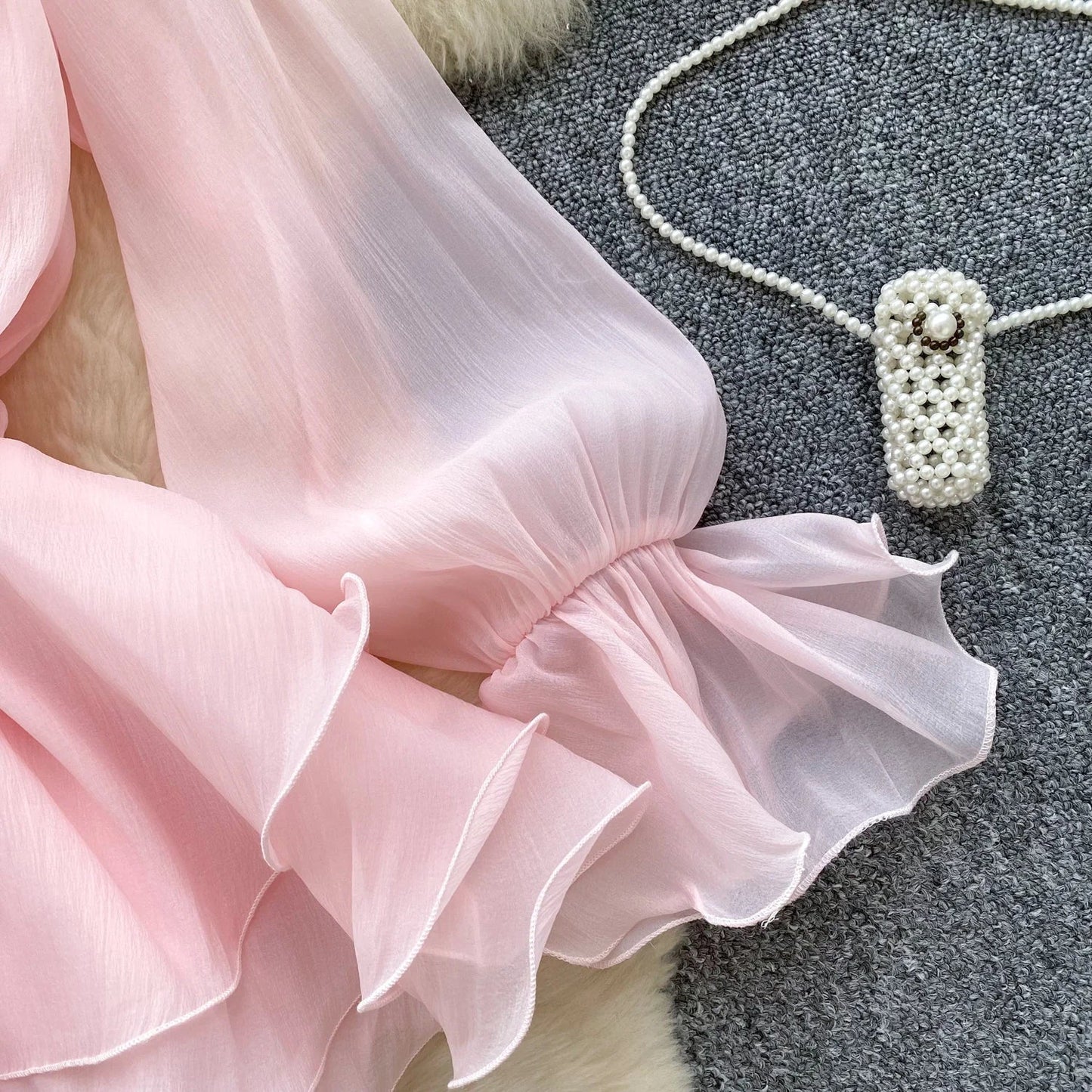3D Floral Beach Short Dress Female Long Sleeves Lace Up Ruffle Chiffon Cake Sundress Sheer Sexy Vintage Bohemian Dress