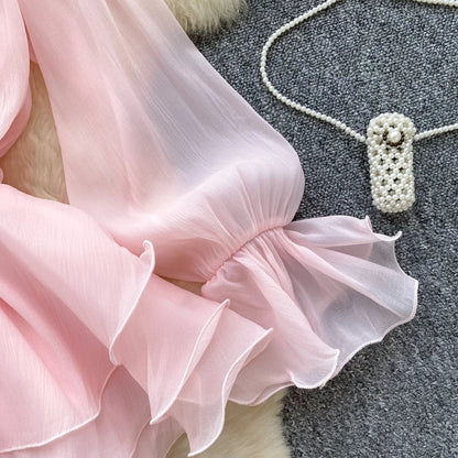 3D Floral Beach Short Dress Female Long Sleeves Lace Up Ruffle Chiffon Cake Sundress Sheer Sexy Vintage Bohemian Dress