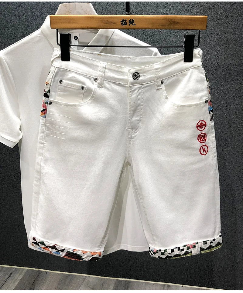 Summer New Denim Shorts Men's Stitching Embroidery Ripped Knee-length Shorts White Black Retro Blue Fashion High Quality Jeans