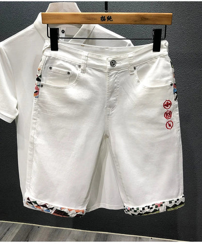 Summer New Denim Shorts Men's Stitching Embroidery Ripped Knee-length Shorts White Black Retro Blue Fashion High Quality Jeans