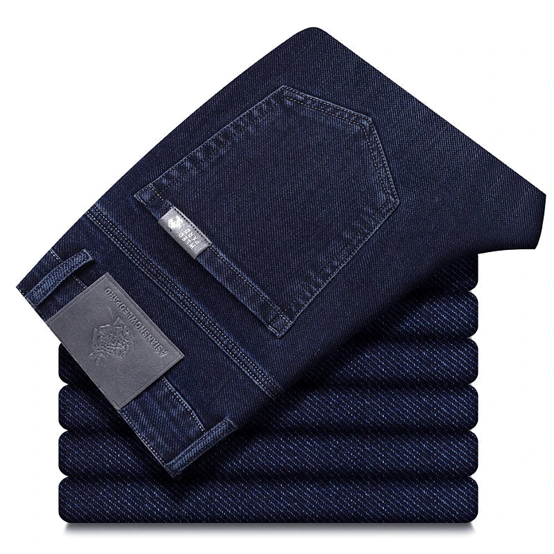 Classic Straight Men's Jeans Spring Slightly Thick Elastic Casual Office Business Trousers Fashion Comfort Washed Denim Pants