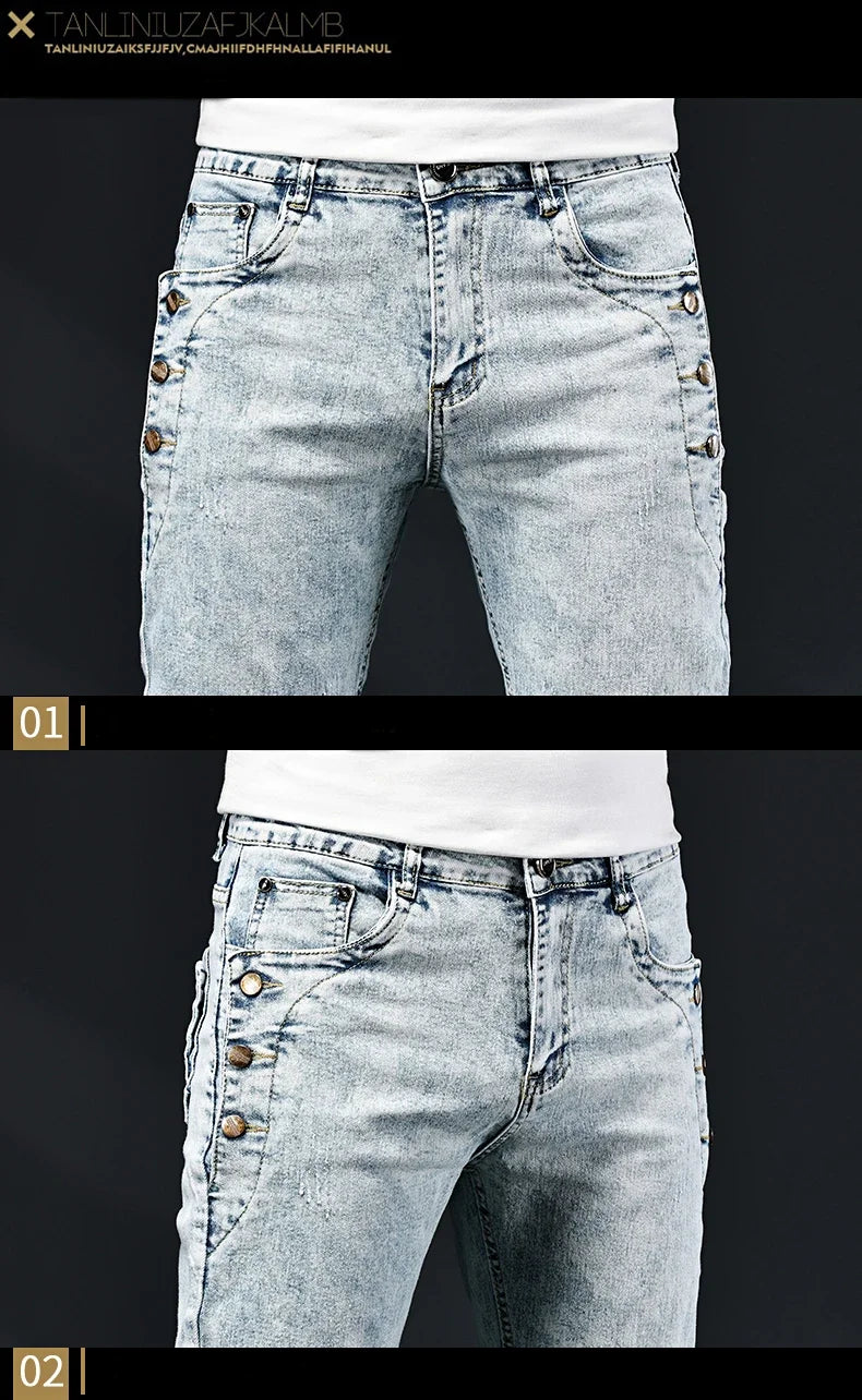 Slim Skinny Jeans Men New Elastic Korean Design Fashion Multi-Button Blue White Vintage Wash Cotton Stretch Denim Pants Trousers
