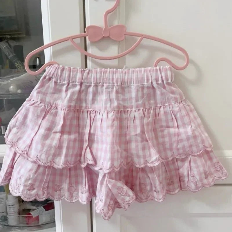 Japanese Sweet Summer Skirt Women High Waist Kawaii Embroidery Mini Skirt New Fashion Plaid Y2k Pink Cute Skirts 2025