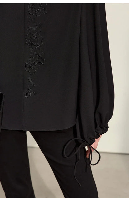 Chiffon Women's Blouse 2025 Autumn New V-neck Letter Embroidered Top Elegant Lantern Sleeve Loose Women's Shirt 12421028