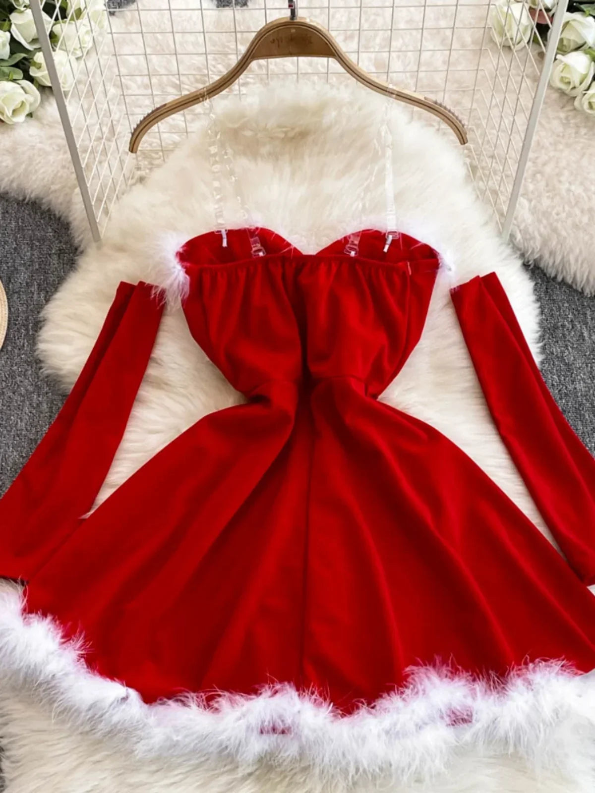 Women's Christmas Dress Sexy Low-cut Waist Thin Big Pendulum Fluffy Splicing Suspender Tube Ling Dress Red